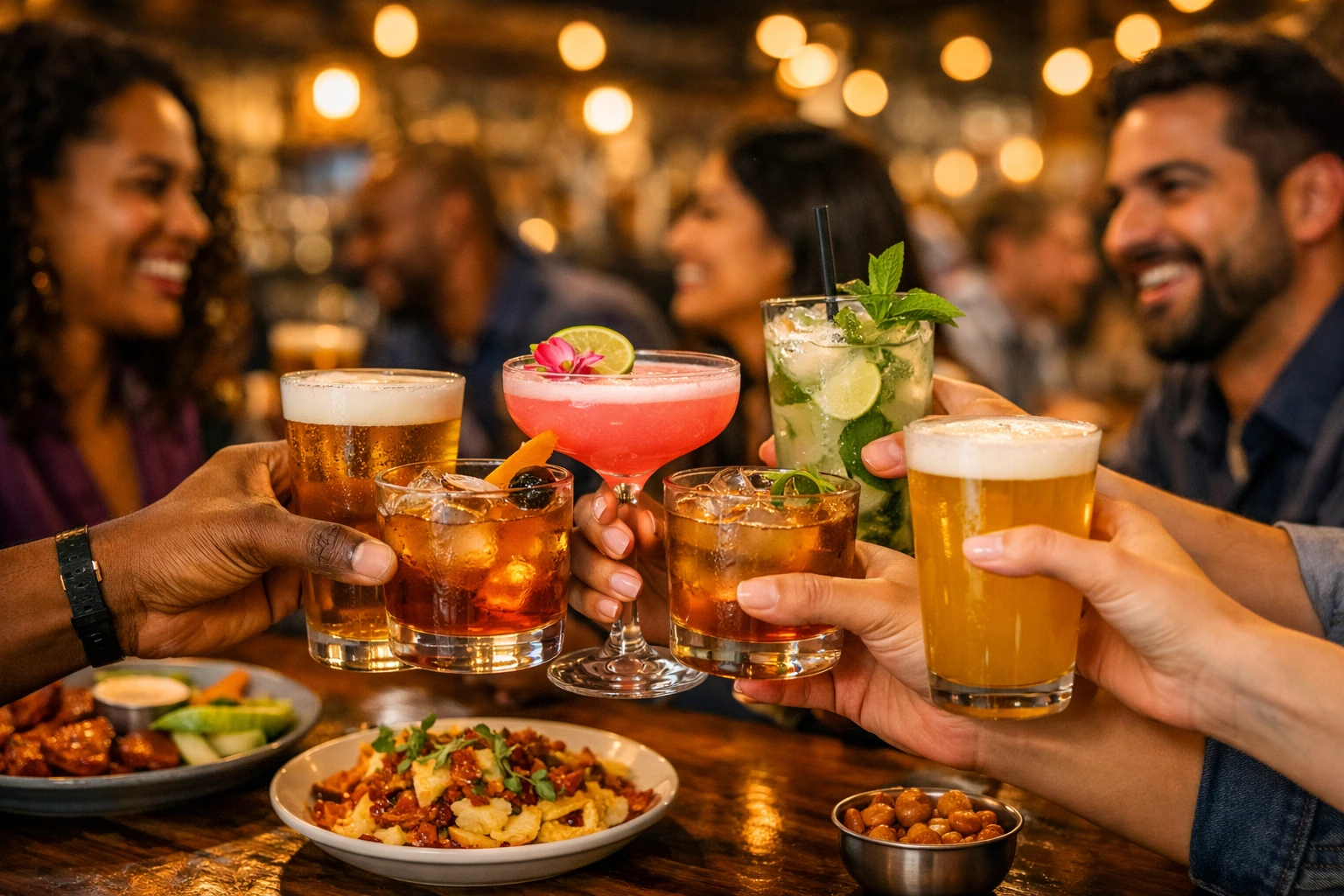 Friends clinking cocktails during happy hour at a downtown Boston bar.
