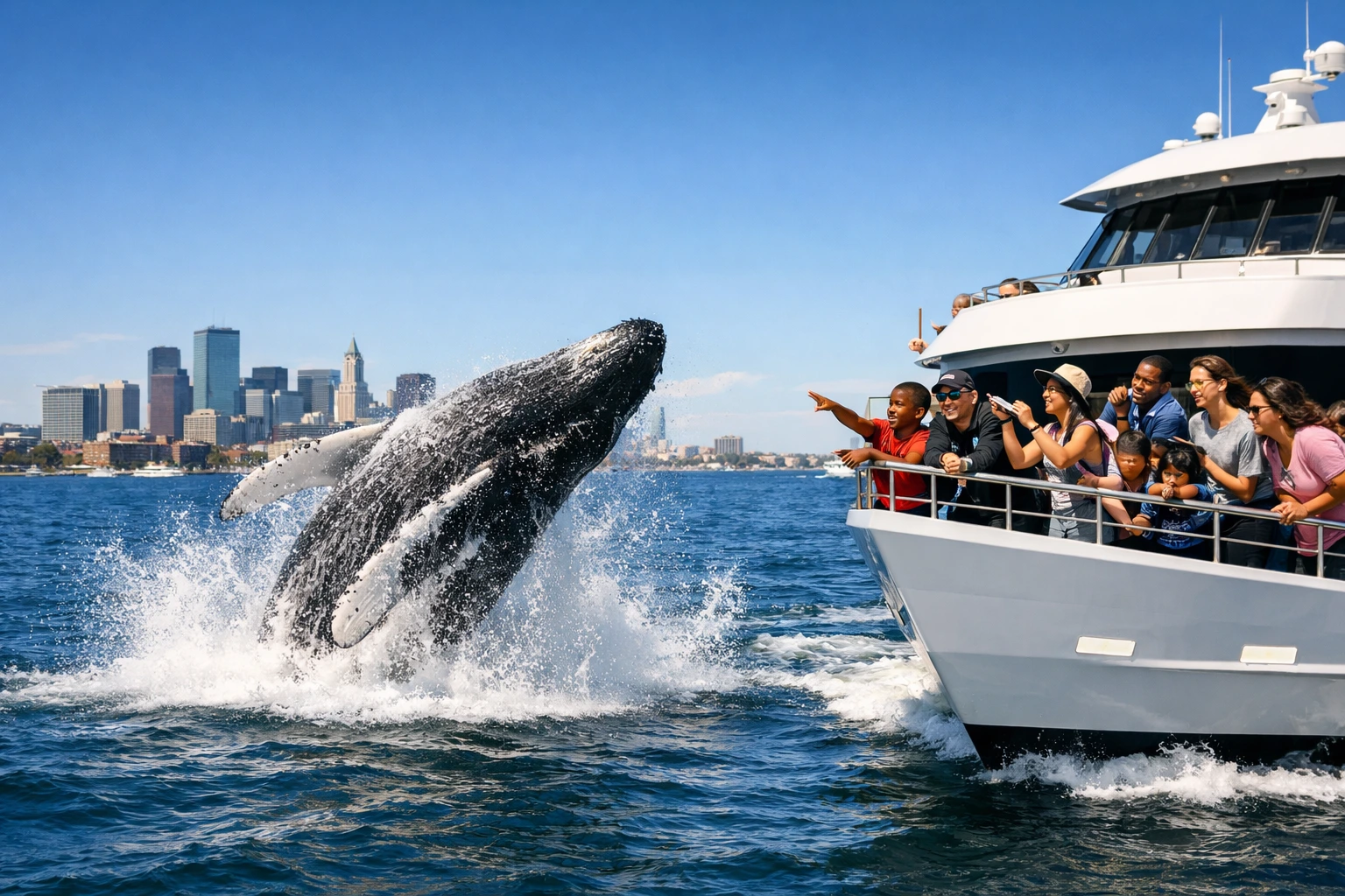 A humpback whale breaching beside a City Cruises boat on the Boston Harbor, with passengers watching and the Boston skyline in the distance on a bright spring day.