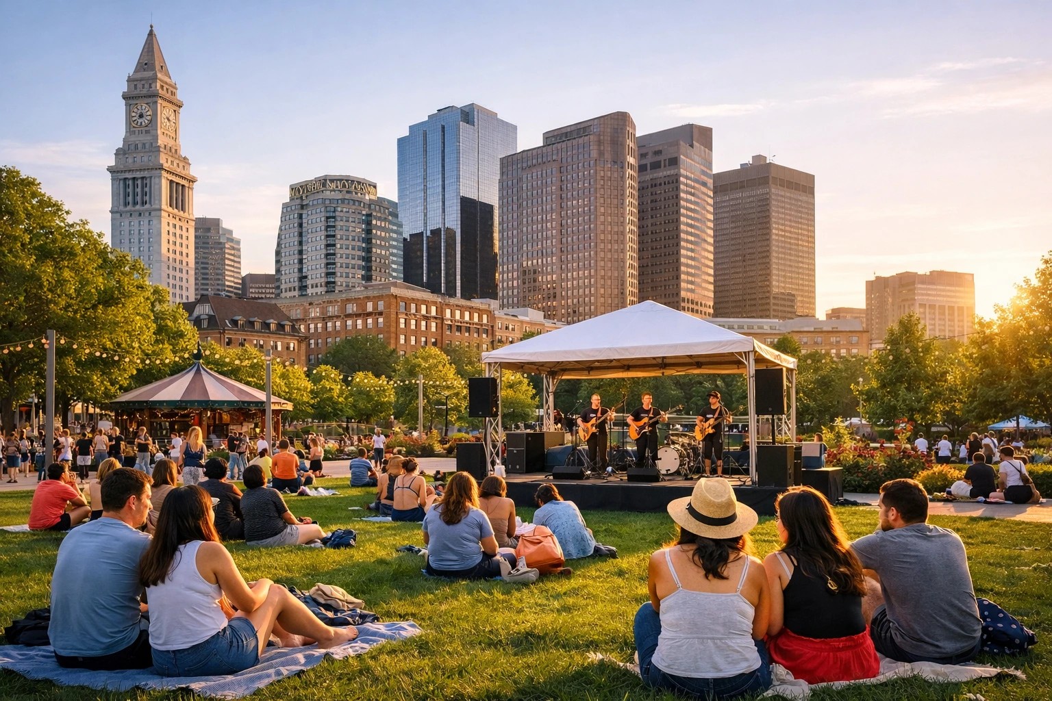 People enjoying early‑summer events on the Rose Kennedy Greenway in Boston with skyline views.