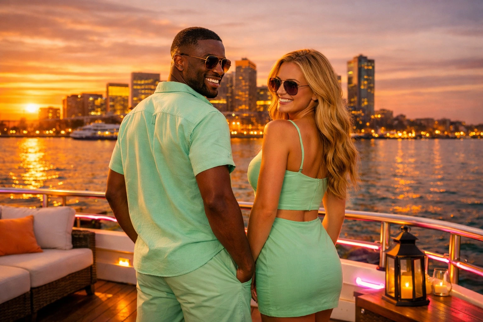 A couple doing a playful Love‑Island‑style reveal on the top deck of a Boston Harbor cruise at sunset.